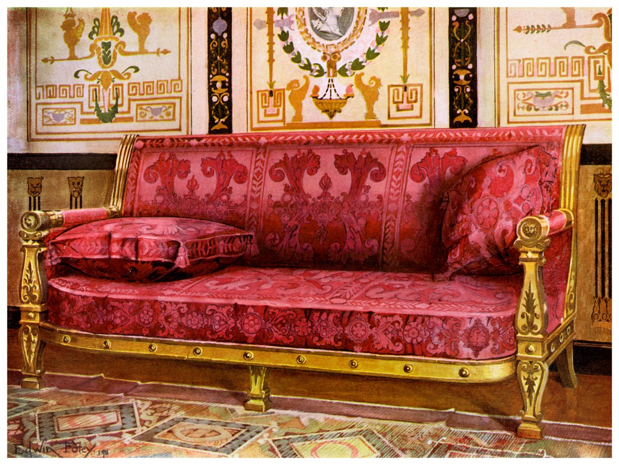 Vergoldetes geschnitztes Sofa, bezogen mit Rosenbrokat aus Lyon, 1911-1912 von Edwin Foley