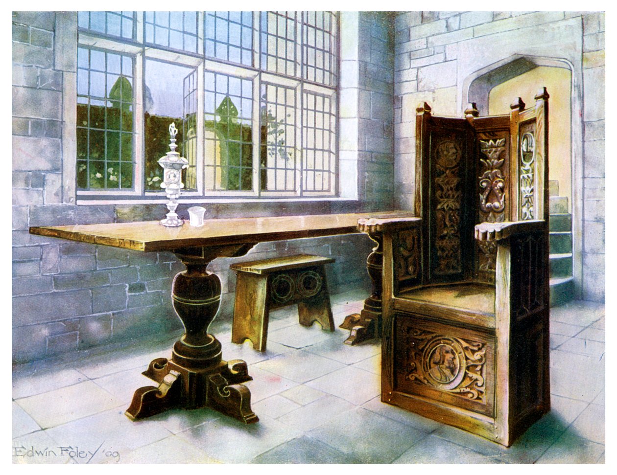 Eichentisch und Mine Hosts Stuhl, 1910 von Edwin Foley