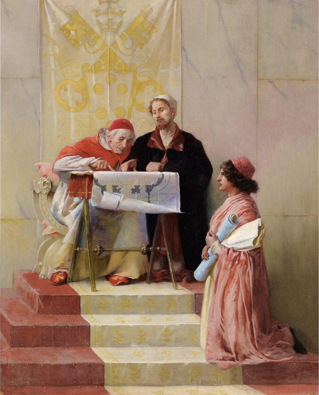 Bramante zeigt dem Papst die Pläne für die Basilika St. Peter von Edwin Howland Blashfield