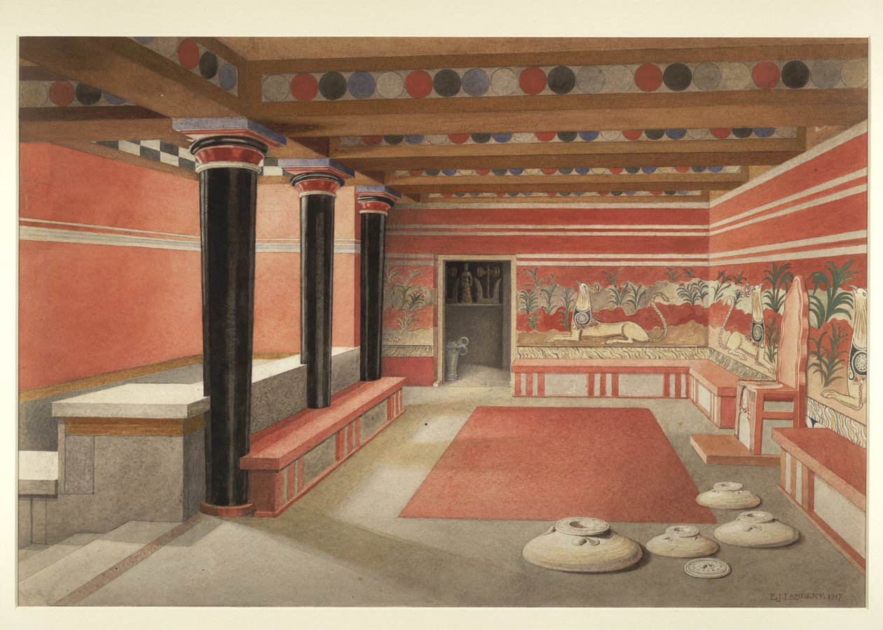 Gemälde des neu gestalteten Thronsaals des Palastes von Knossos von Edwin J. Lambert