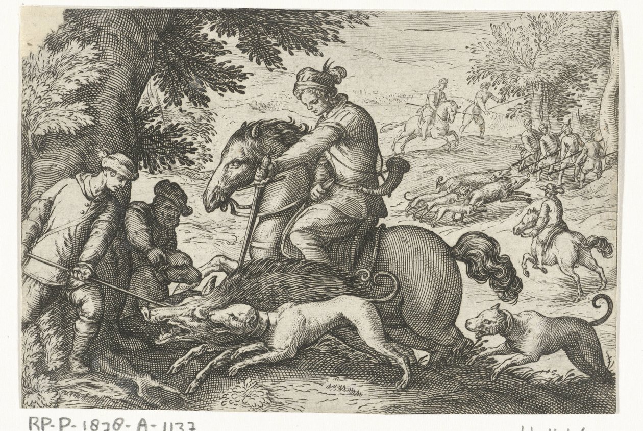 Hügelige Landschaft mit Wildschweinjagd von Egbert Jansz.