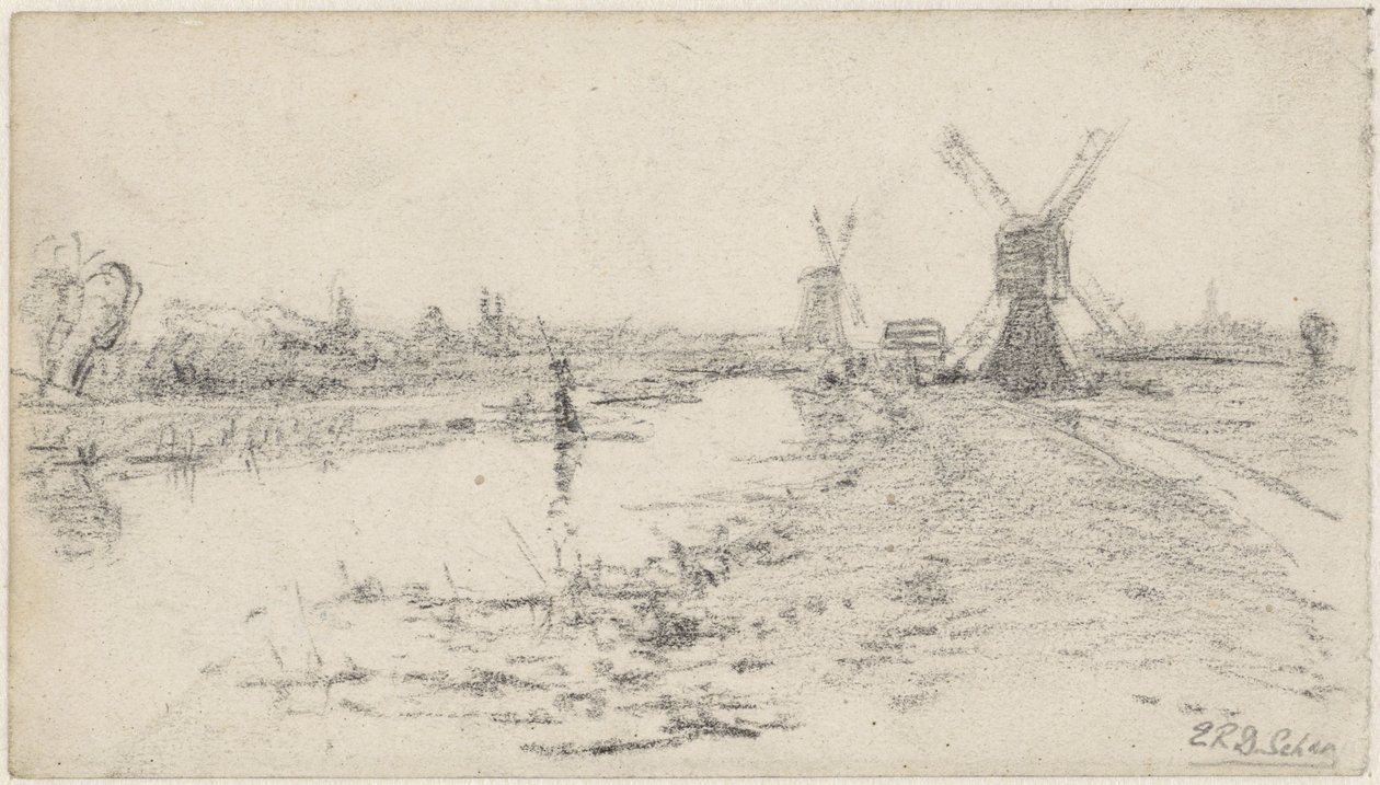 Landschaft mit Fluss und zwei Mühlen von Egbert Rubertus Derk Schaap