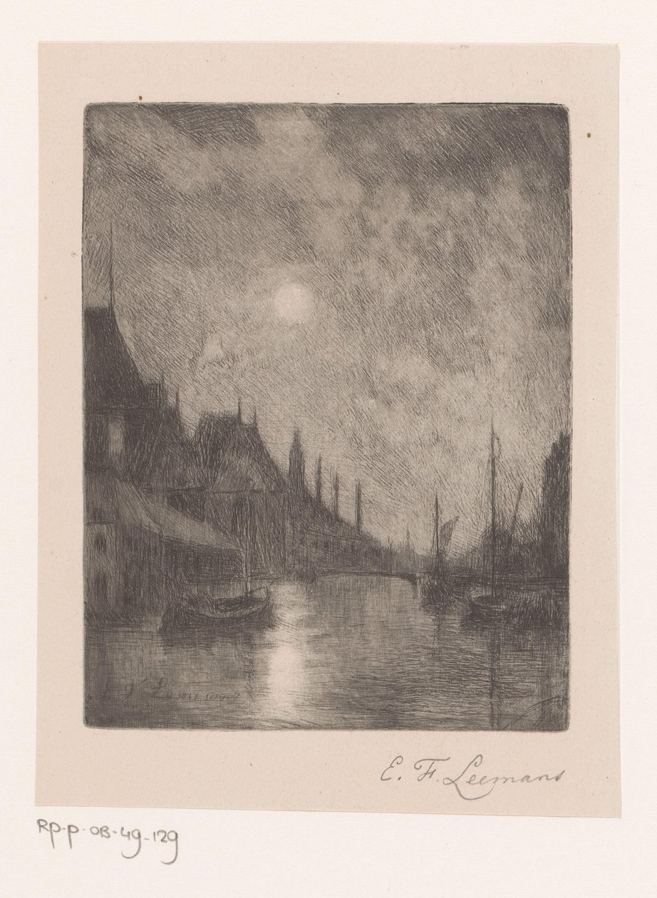 Flussansicht in einer Stadt bei Nacht von Egide François Leemans (signed by artist)