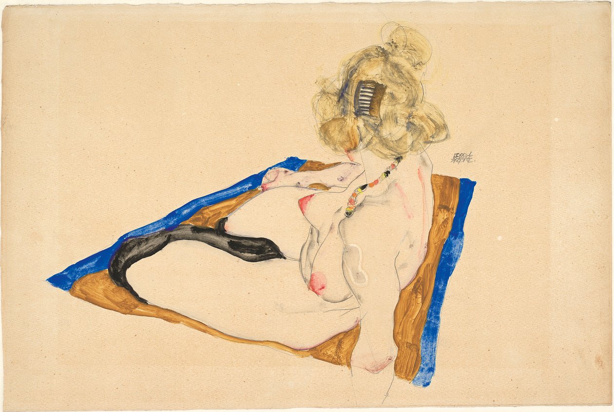 Blonde Nackte auf einem braunen Teppich mit blauem Rand, 1912 von Egon Schiele