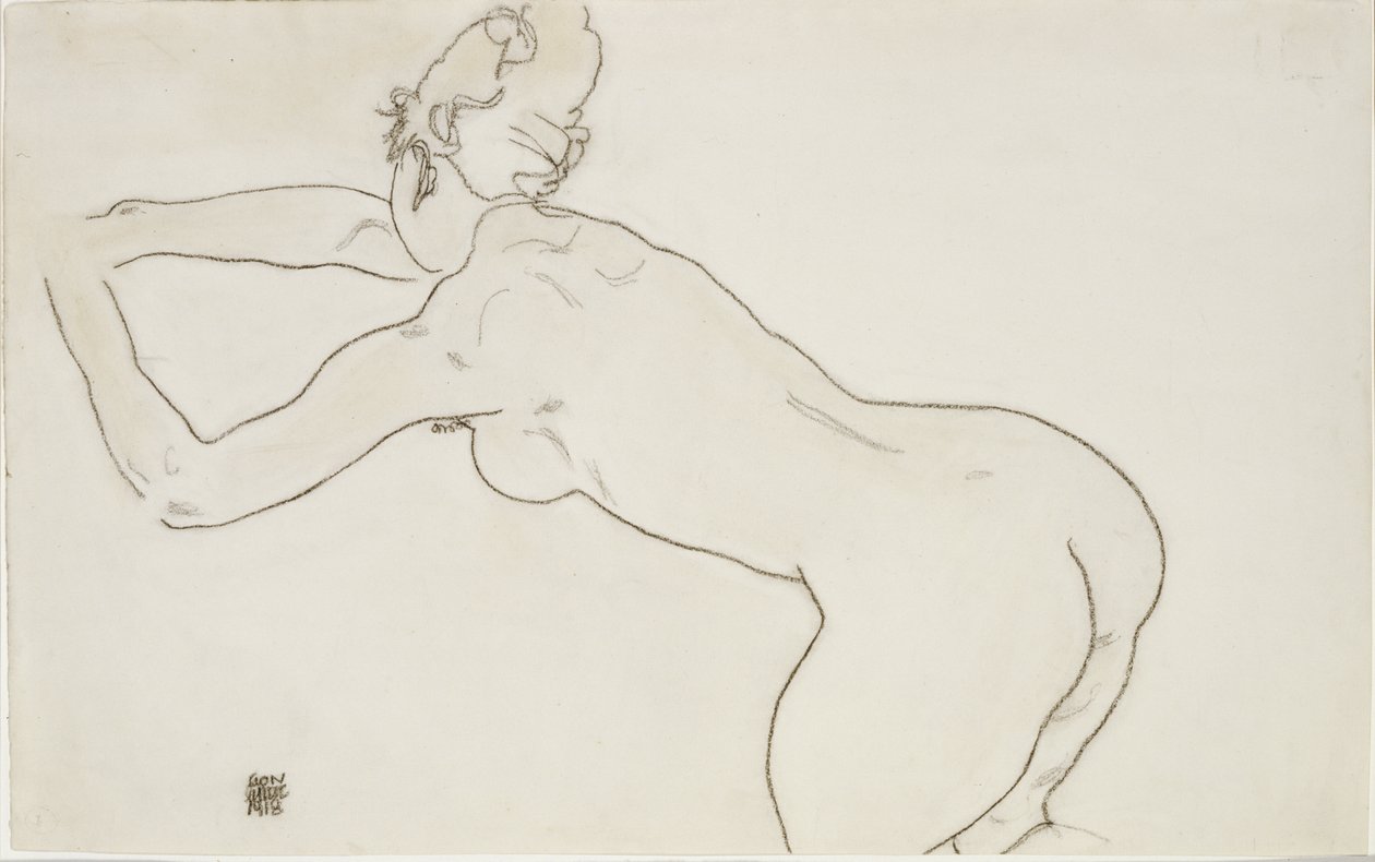 Weiblicher Akt, kniend und nach links gebeugt, 1918 von Egon Schiele