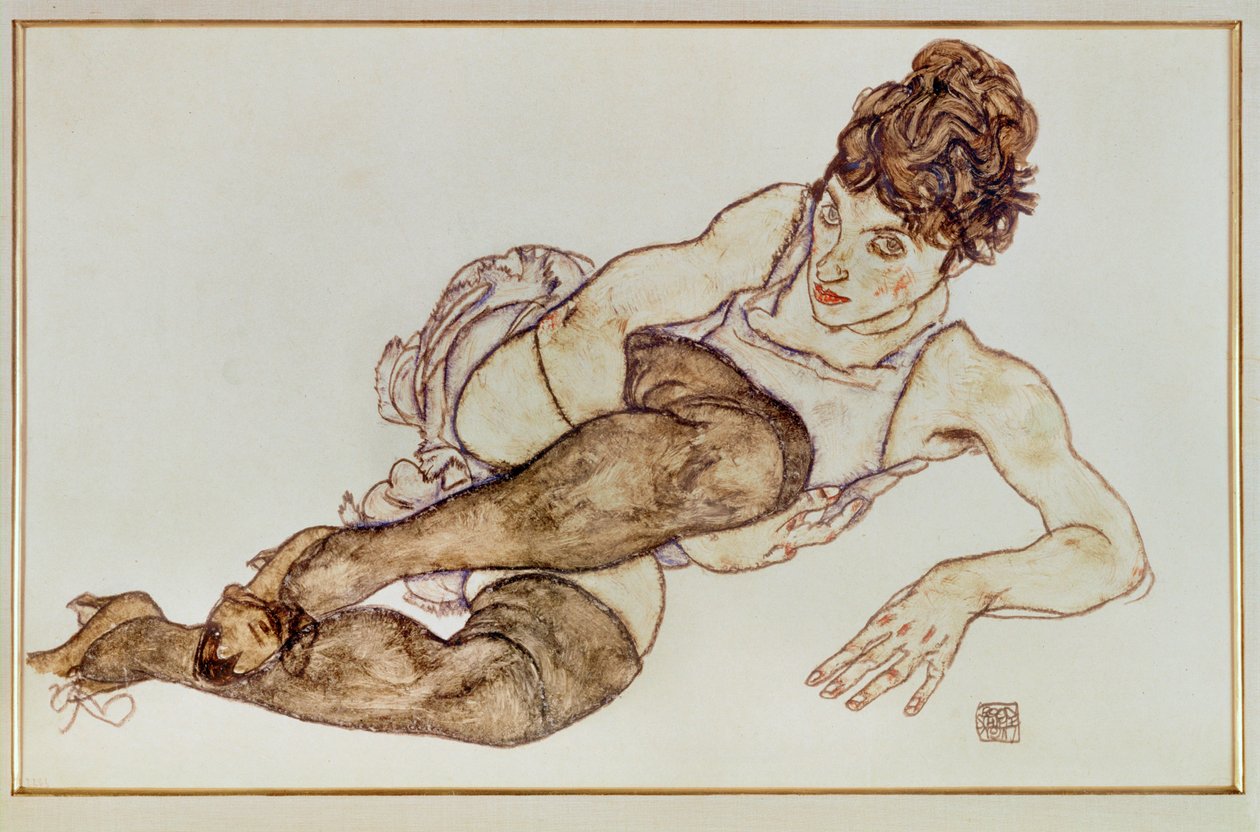 Frau mit braunen Strümpfen von Egon Schiele