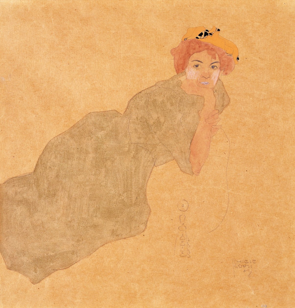 Mädchen im olivfarbenen Kleid mit aufgestütztem Arm von Egon Schiele