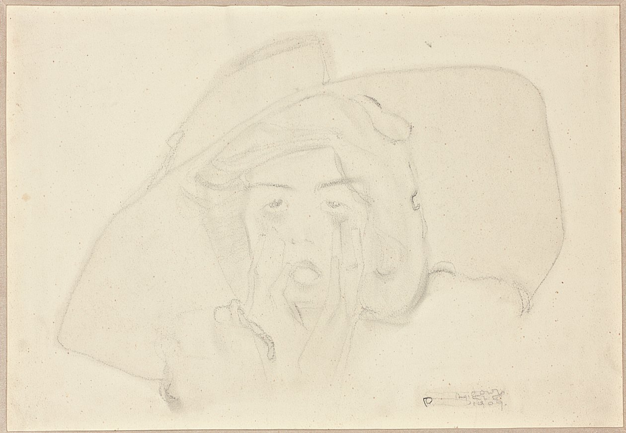 Kopf einer schreienden jungen Frau mit großem Hut, Kinn auf Händen gestützt von Egon Schiele