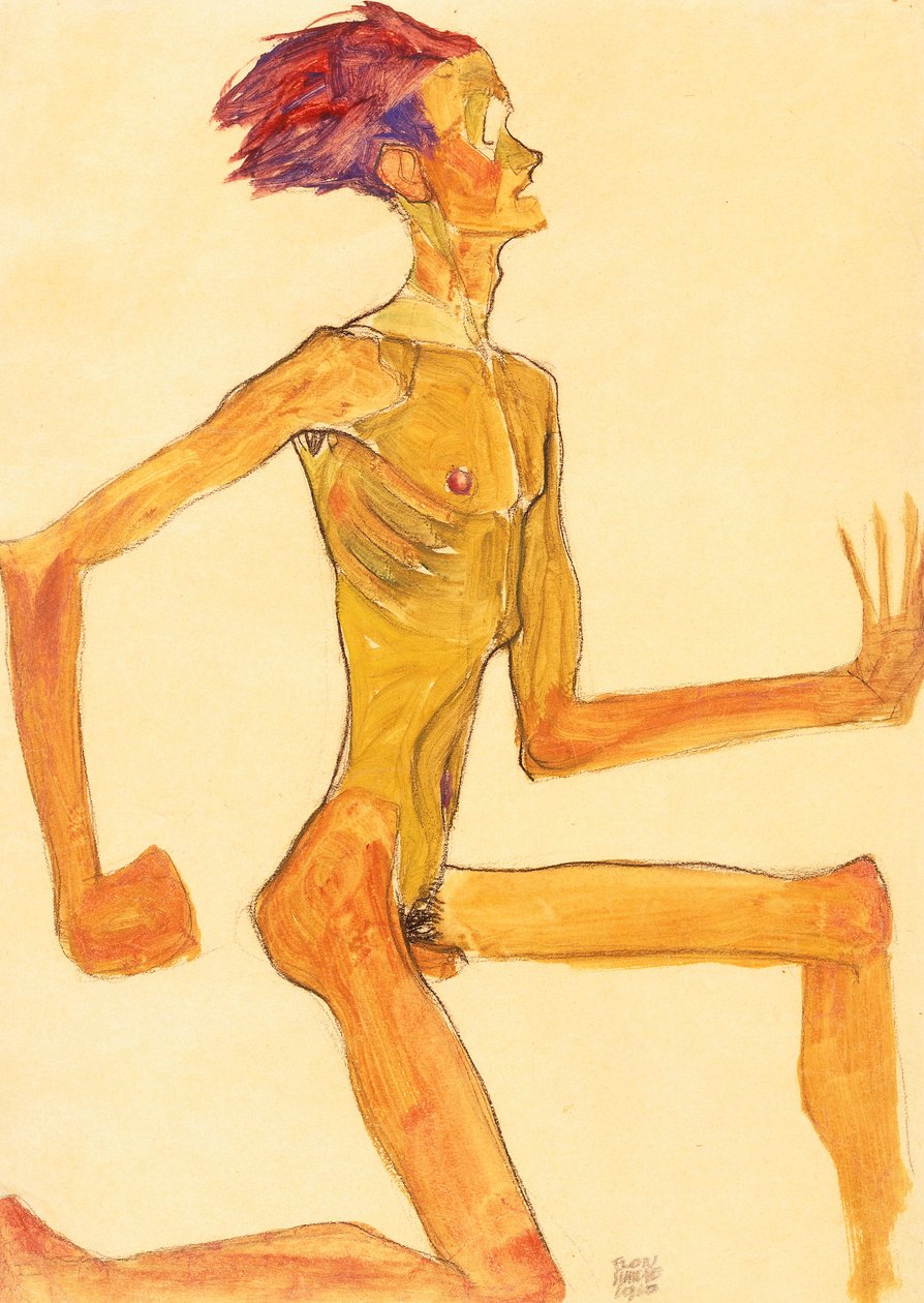 Kniender nackter Mann, im Profil nach rechts von Egon Schiele