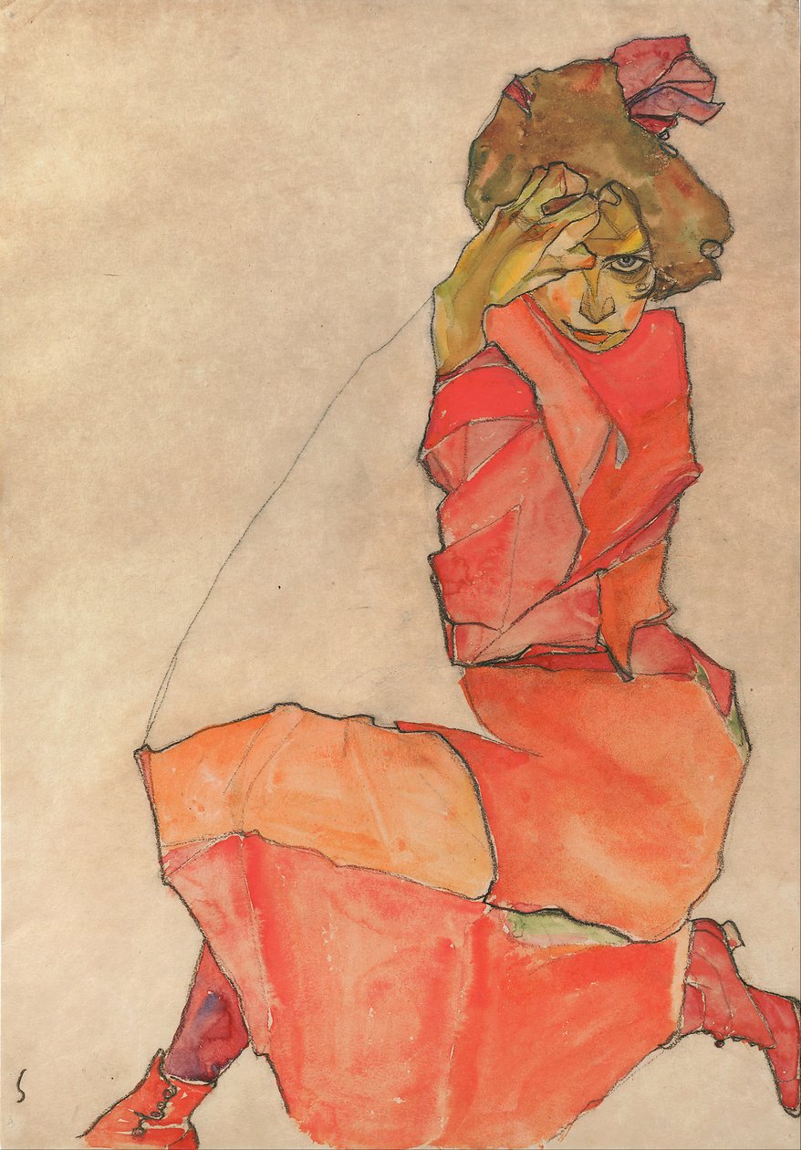 Kniende in orange-rotem Kleid von Egon Schiele