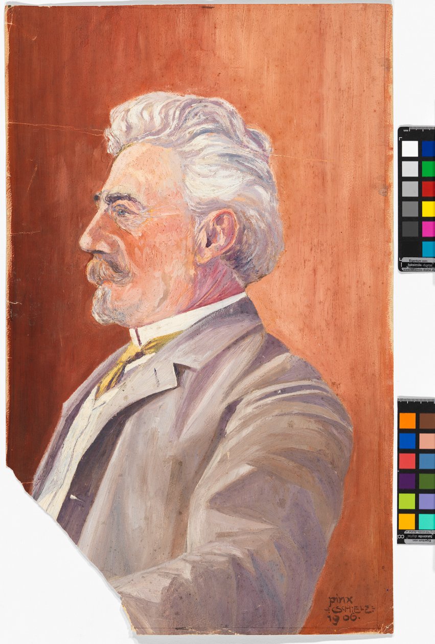 Leopold Czihaczek im Profil vor rotem Hintergrund von Egon Schiele
