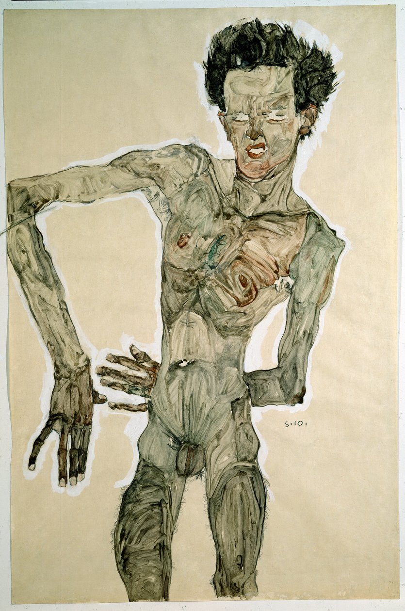 Männlicher Akt (Selbstporträt). Zeichnung von Egon Schiele (1890-1918), 1910. Bleistift, Aquarell und Tempera auf Papier. Dim: 55,7x36,8cm. Wien, Graphische Sammlung Albertina von Egon Schiele