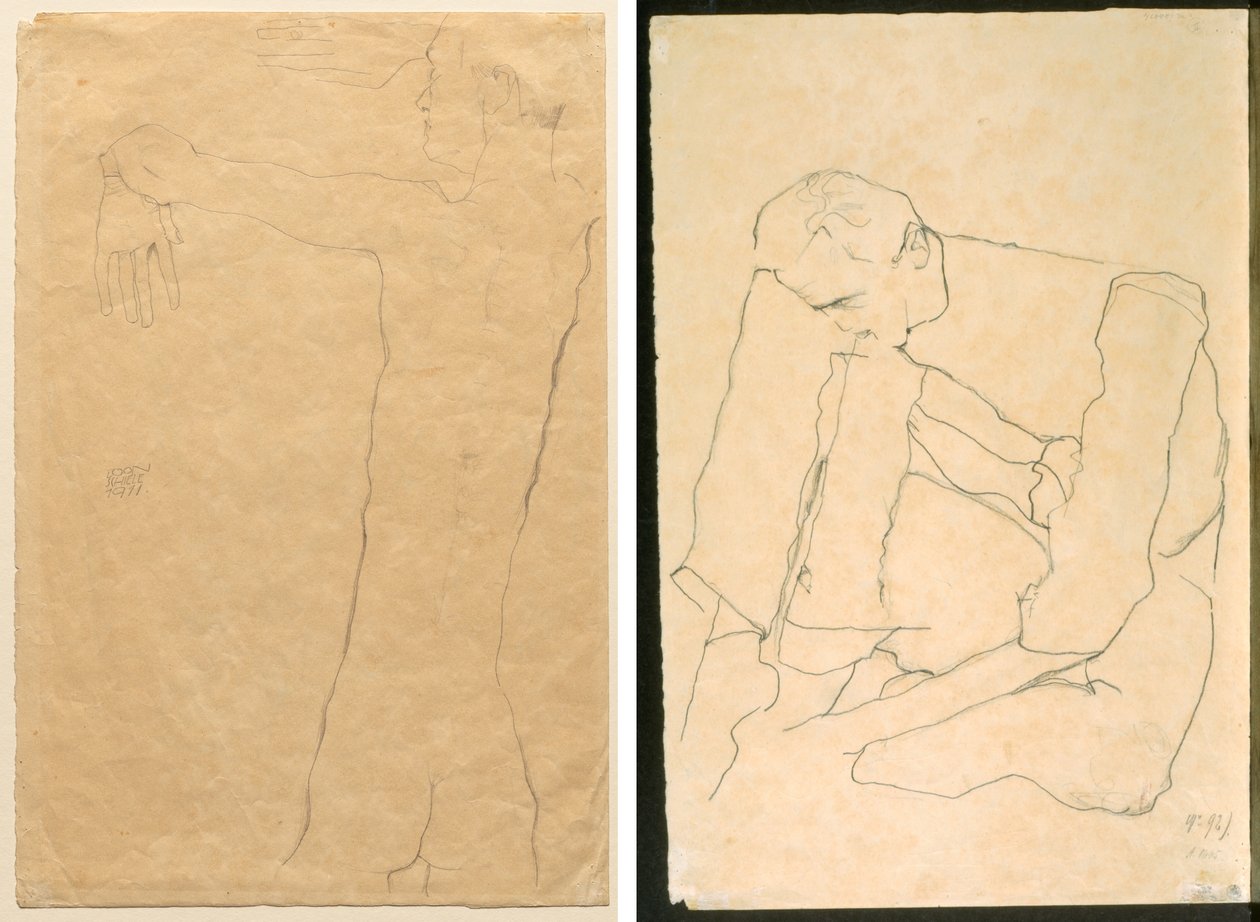 Nackter Mann mit erhobenen Armen (recto) Sitzender Mann (verso) von Egon Schiele