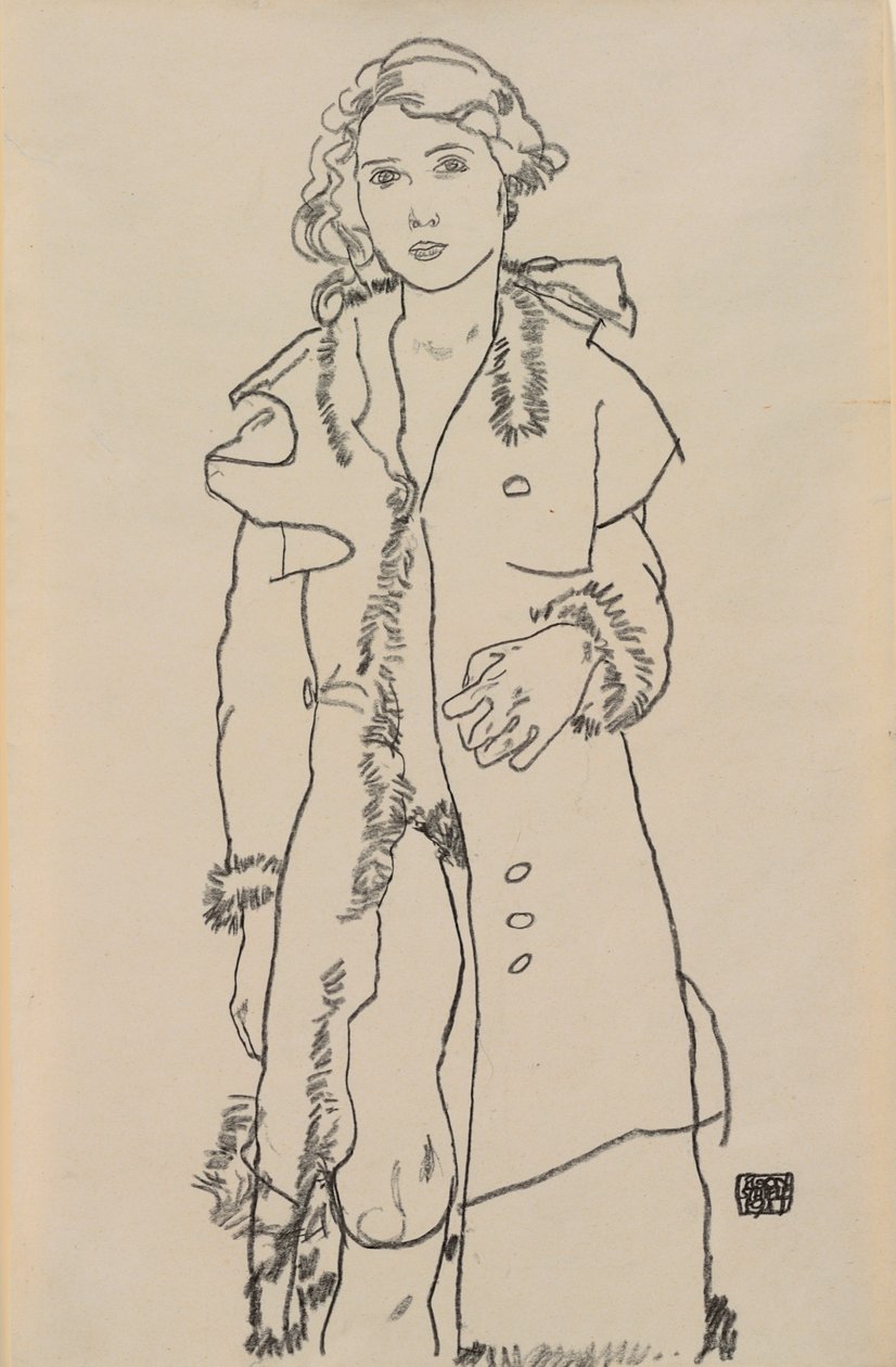 Akt mit Pelzbesetztem Mantel; Mädchenakt mit pelzbesetztem Mantel, 1917 von Egon Schiele