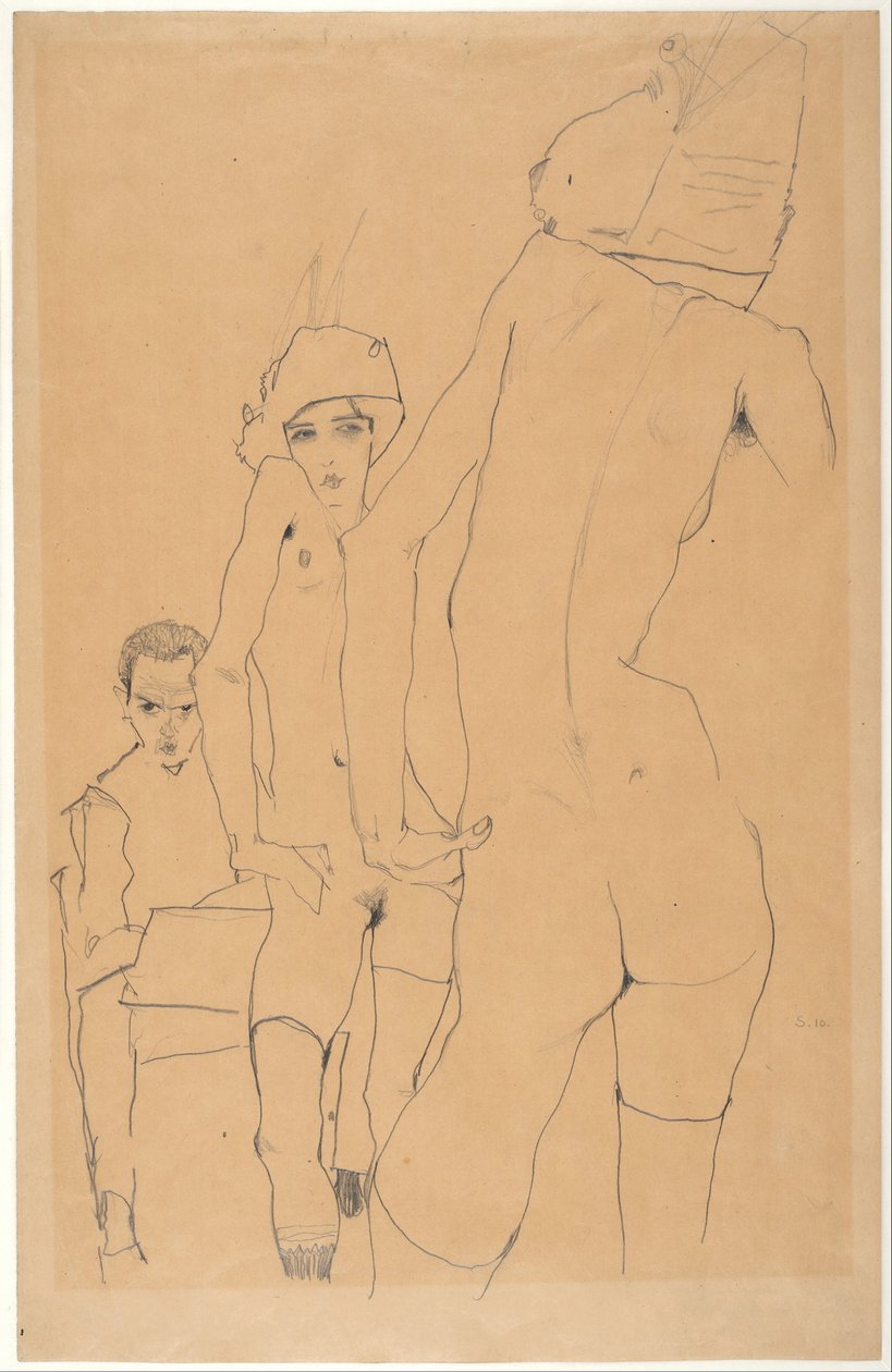 Schiele mit nacktem Modell vor dem Spiegel von Egon Schiele