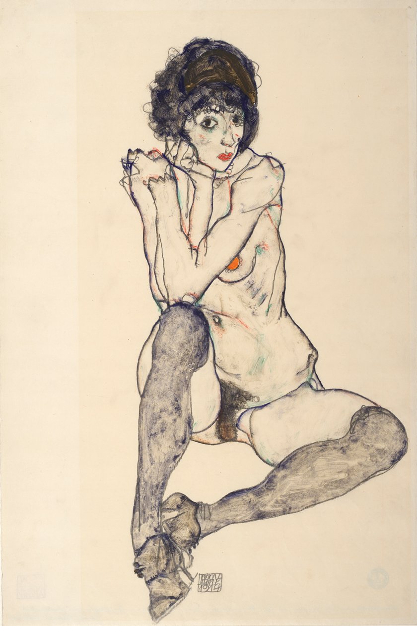 Sitzender weiblicher Akt, Ellenbogen auf rechtem Knie ruhend, 1914 von Egon Schiele
