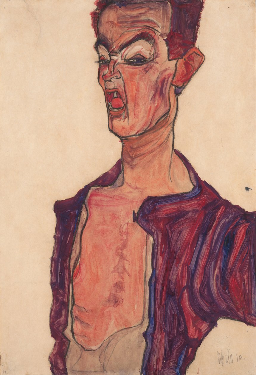 Selbstdarstellung, grimassierend von Egon Schiele