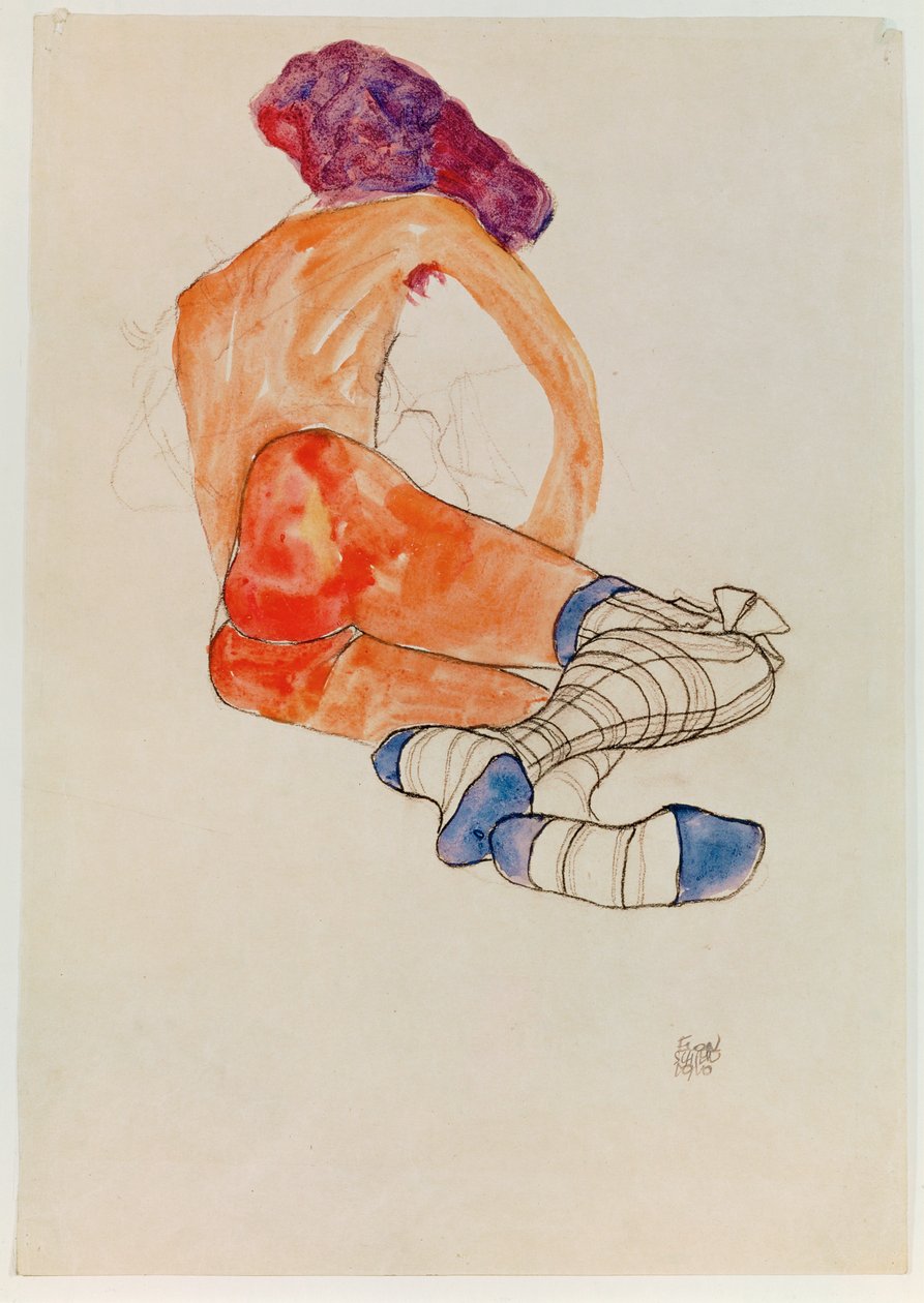 Sitzender weiblicher Akt mit blauem Strumpfband von Egon Schiele