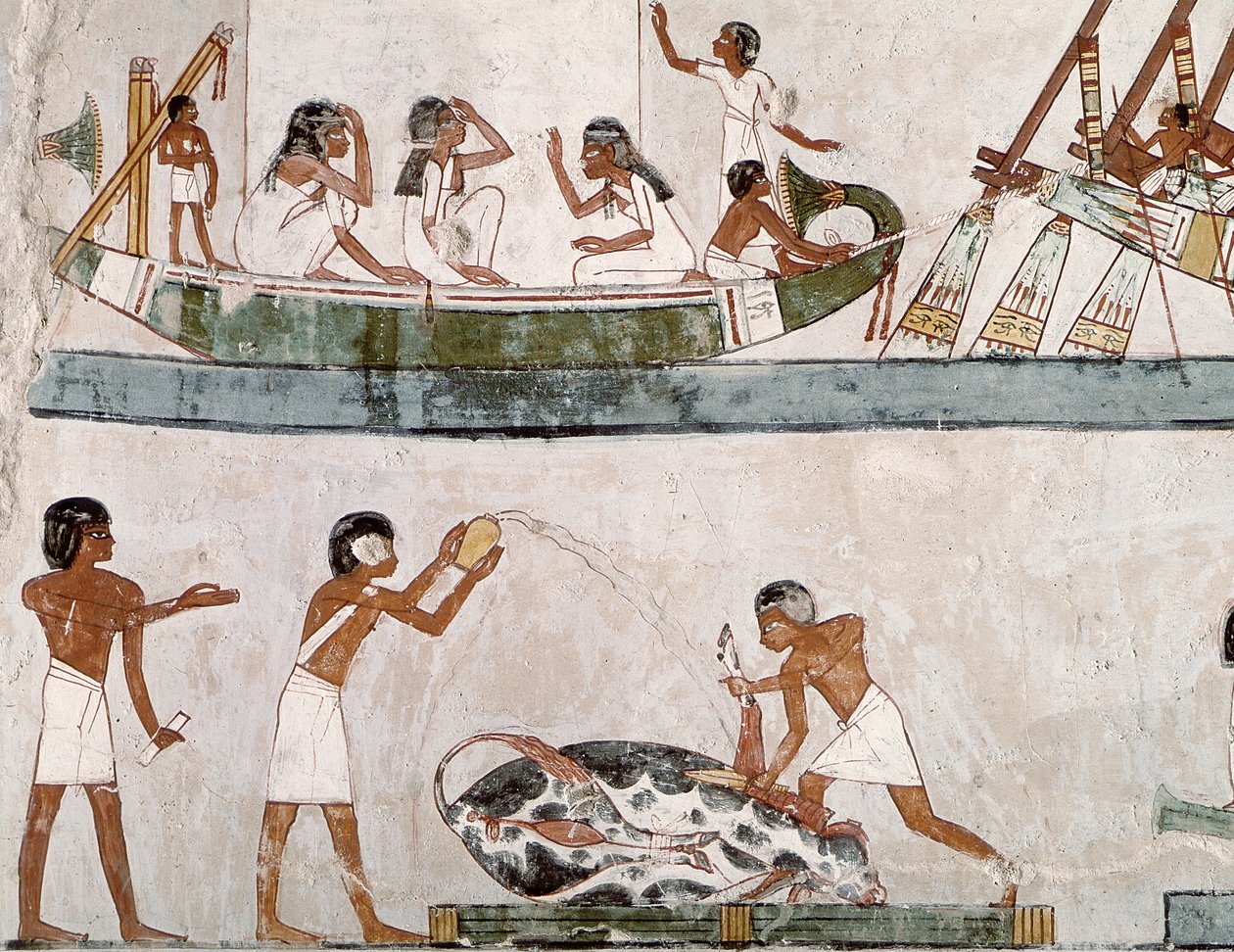 Opfer und Reinigung eines Stiers und ein Segelritual, aus dem Grab von Menna, Neues Reich von Egyptian 18th Dynasty