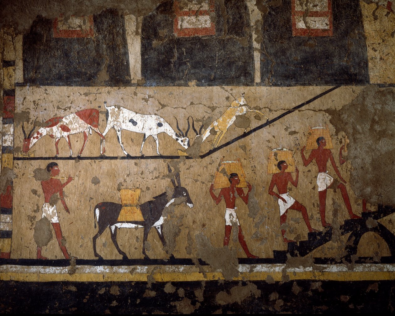 Ägyptische Antiquität: der Transport von Weizen auf dem Rücken von Maultieren und auf dem Rücken von Sklaven. Fresko aus dem Grab der Königin Neferou III. 12. Dynastie. 2200-2000 v. Chr. Aus El Ghebelen. Turin, Ägyptisches Museum von Egyptian 12th Dynasty