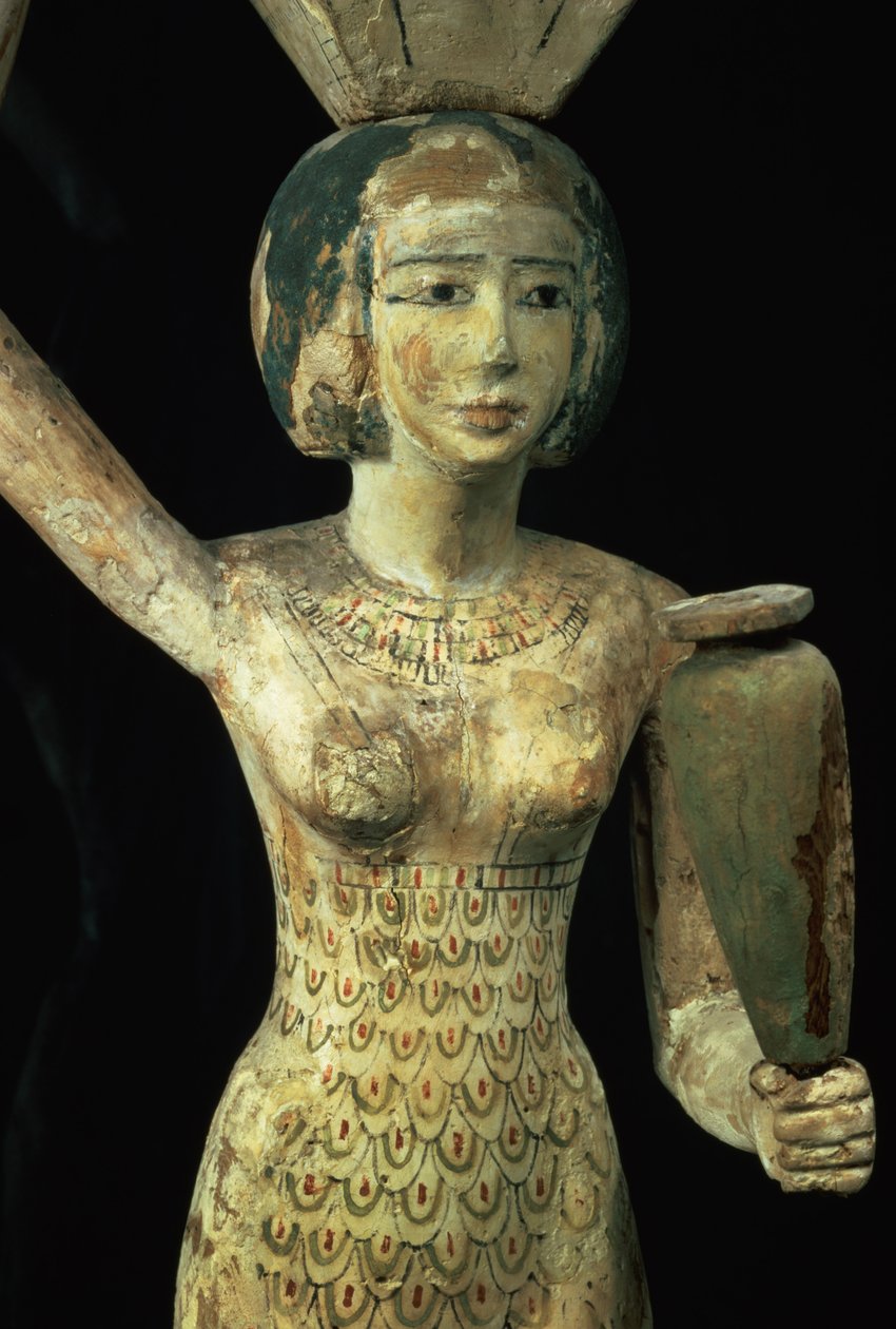 Weibliche Opferträgerin mit einer Wasserkrug in der Hand und einem Gefäß auf dem Kopf, Ägyptisch, Mittleres Reich, ca. 1950 v. Chr. (Detail) von Egyptian 12th Dynasty