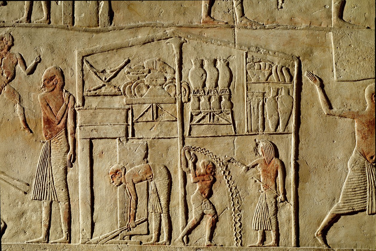 Ägyptische Antike: Nahrungsmittel werden in Lagern aufbewahrt. Relief, das ein Grab eines hohen Beamten der 18. Dynastie schmückt. Bologna, Civico Museo Archeologico von Egyptian 18th Dynasty