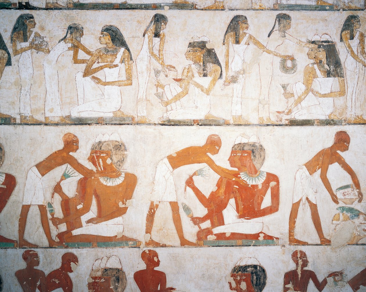 Totenmahl, Männer und Frauen legen Schmuck an, Fresko, Grab von Rekhmire (TT100), Sheikh Abd el-Qurna, Theben (Unesco-Welterbeliste) von Egyptian 18th Dynasty