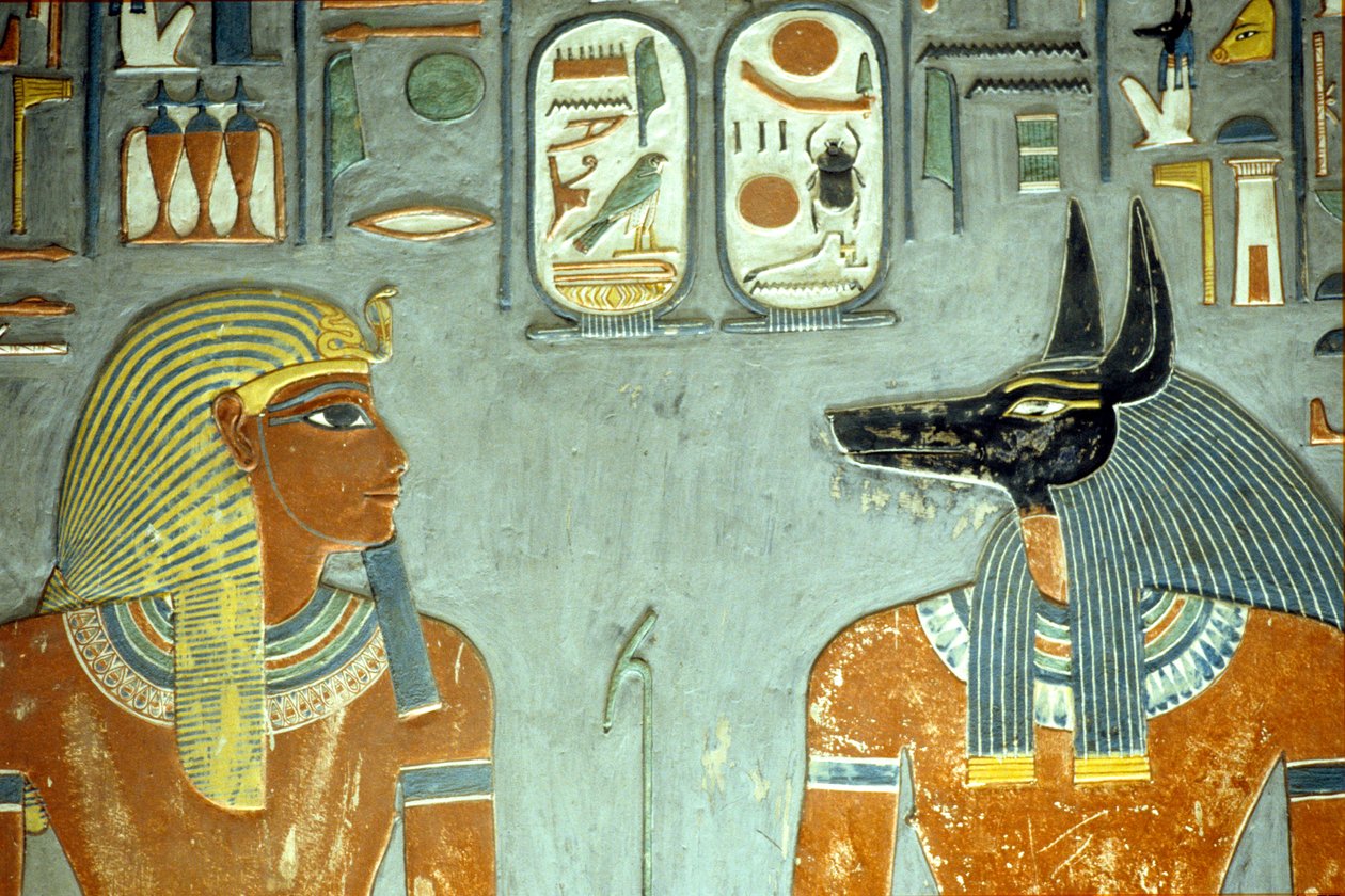 Horemheb und Anubis, aus dem Grab von Horemheb (ca. 1323-1295 v. Chr.) Neues Reich (Wandmalerei) (Detail) von Egyptian 18th Dynasty