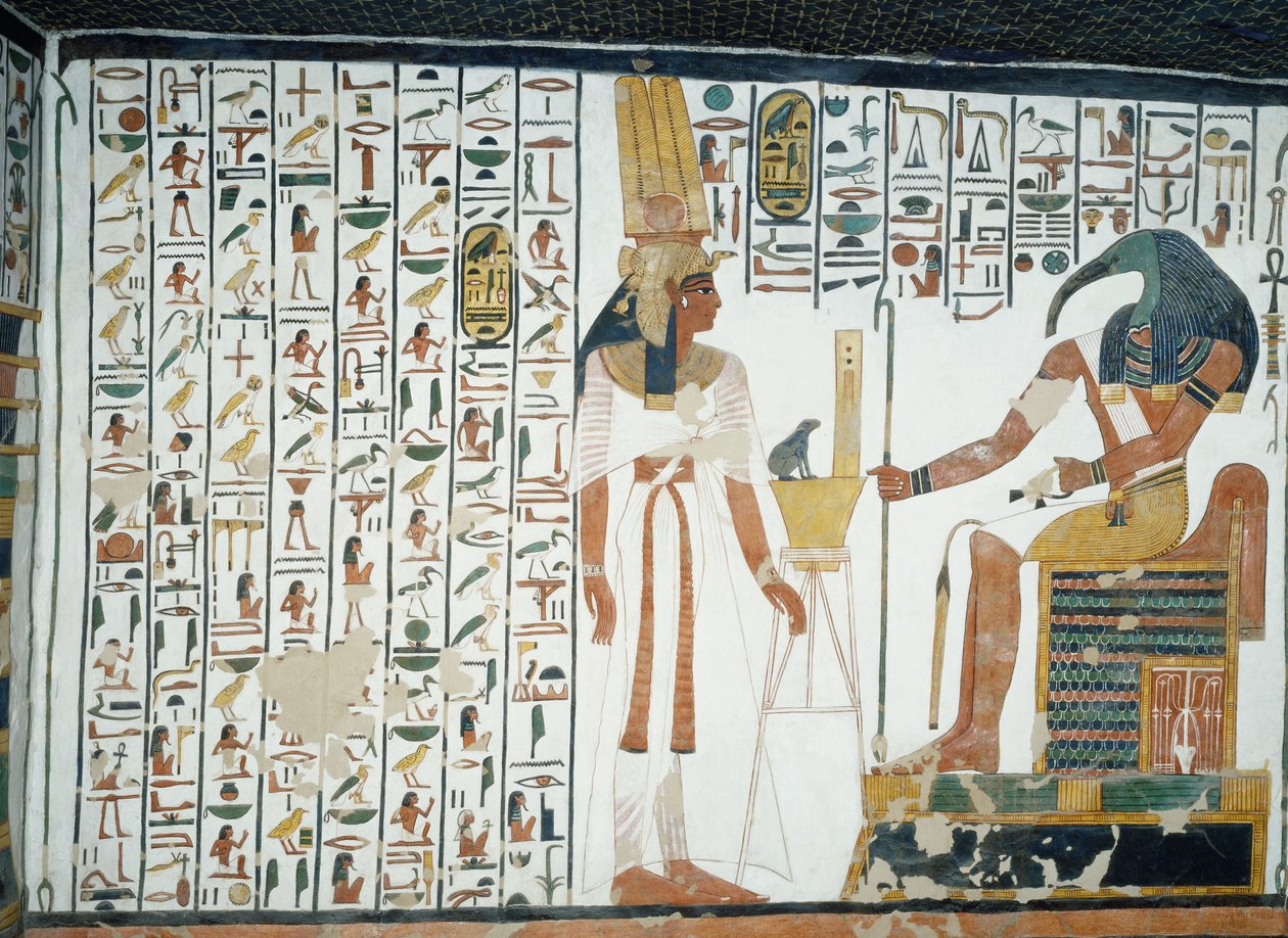 Kapitel 94 des Totenbuchs, Nefertari steht vor dem Gott Thoth, dem ibisköpfigen Schreiber, Fresko, Nordwand, Ostseite der Kammer, Grab von Nefertari (QV66), Tal der Königinnen, Theben. Ägyptische Zivilisation, Neues Reich, Dynastie XIX von Egyptian 19th Dynasty