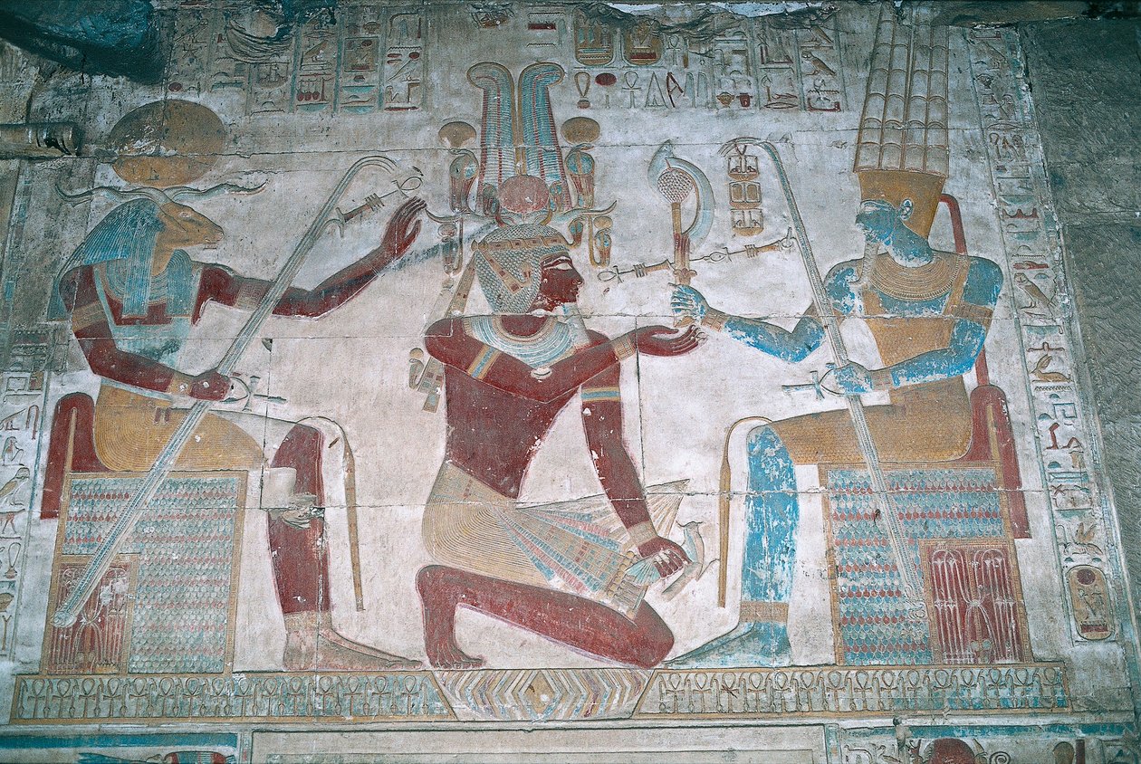 Ägypten, Abydos, Tempel des Pharaos Seti I., Osiris-Kapelle, bemaltes Relief von Egyptian 19th Dynasty