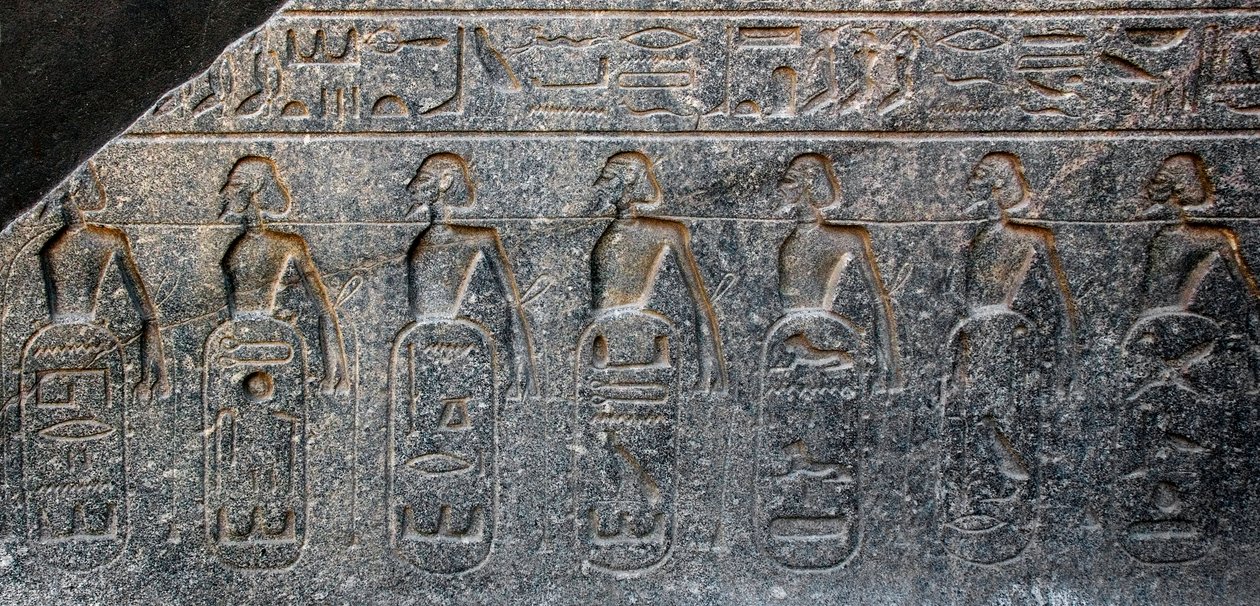 Ägyptische Antiquität: Detail eines Reliefs, das die Embleme der von Pharao Ramses II. (1292-1186 v. Chr.) eroberten Gebiete darstellt. Tempel von Luxor. Ostufer (Theben), Ägypten von Egyptian 19th Dynasty