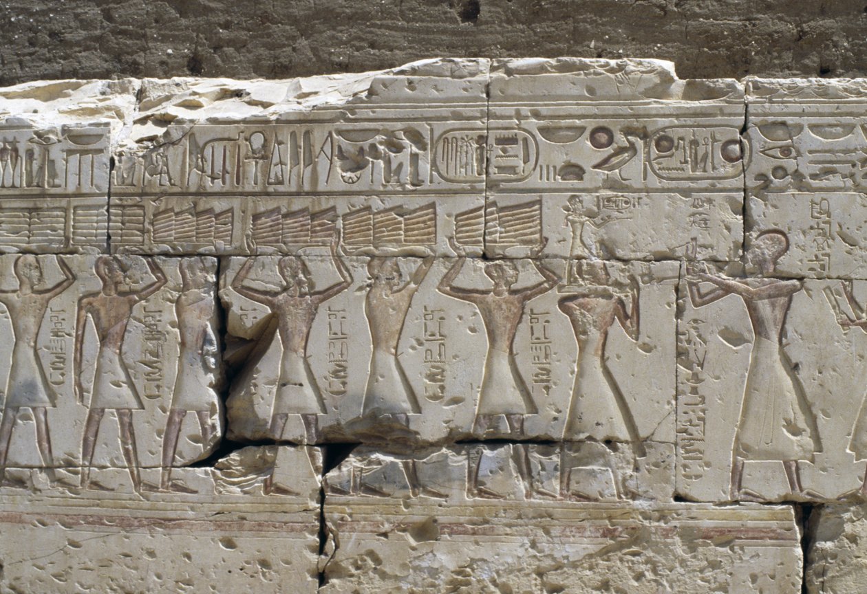 Relief, Tempel von Ramses II, Abydos, Ägypten, ägyptische Zivilisation, Neues Reich, Dynastie XIX (Foto) von Egyptian 19th Dynasty
