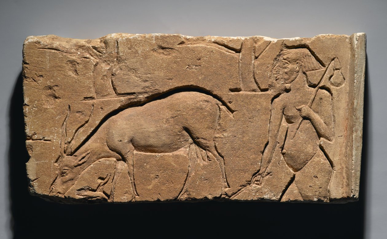 Relief, das einen Ziegenhirten mit einer Ziege und Bäumen darstellt, möglicherweise aus Tell el-Amarna, Neues Reich, 1350-1333 v. Chr. von Egyptian 19th Dynasty