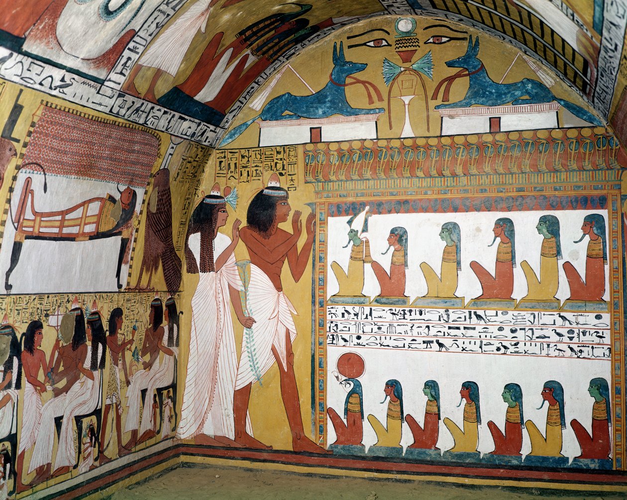 Sennedjem und seine Frau vor einem Naos mit zwölf Gottheiten, aus der Westwand des Grabes von Sennedjem, Das Arbeiterdorf, Neues Reich von Egyptian 19th Dynasty