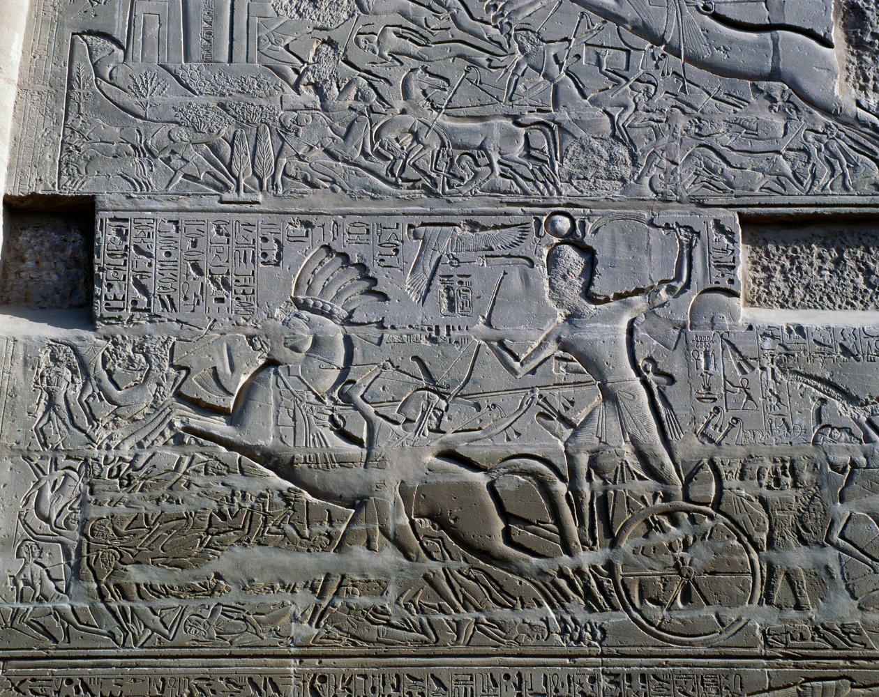 Kampagnen von Sethos I. in Syrien und Palästina, Relief, nördliche Außenwand der Großen Säulenhalle, Karnak-Tempelkomplex (Unesco-Welterbeliste) von Egyptian 19th Dynasty