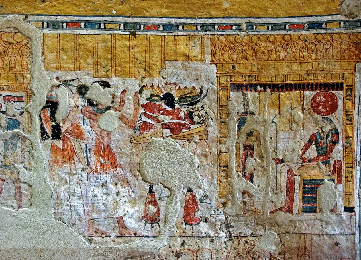 Ägyptische Antiquitäten: Darstellung von Shuroy und seiner Frau, die Gottheiten verehren. Malerei aus dem Grab von Shuroy (TT13). 20. Dynastie. 1190-1077 v. Chr. Nekropole von Dra Abu el-Naga, Westufer von Luxor, Ägypten von Egyptian 20th Dynasty