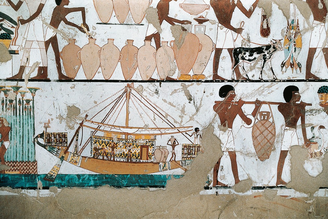 Wandmalerei, die eine Weinszene auf einem Boot darstellt, aus dem Neuen Reich von Egyptian 20th Dynasty