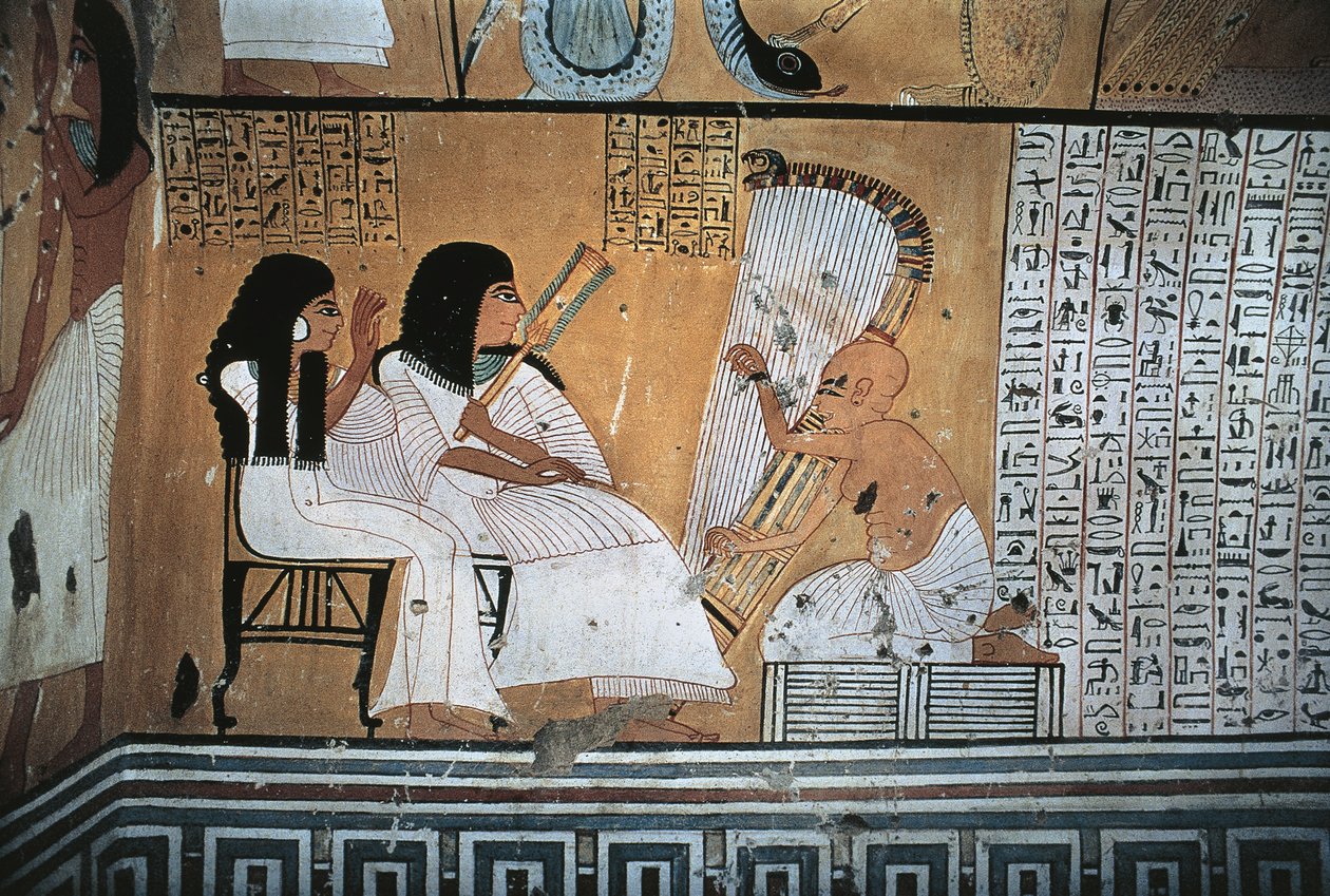 Wandmalerei des verstorbenen Khai-Inherkha und seiner Frau, die einem blinden Harfenspieler zuschauen von Egyptian 20th Dynasty