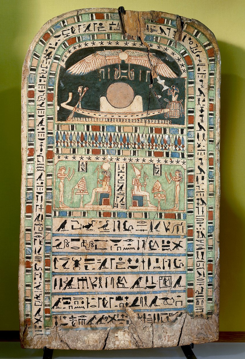 Die Göttin Udjarenes verehrt die Sonne, links der Gott Ra-Horakhty, rechts der Gott Aton, bemaltes Holz. Ägyptische Zivilisation, Spätzeit, Dynastie XXVI von Egyptian 26th Dynasty