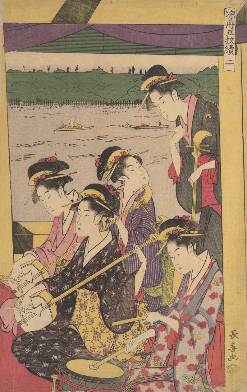 Eine Gruppe von Geishas in einem Suzumi-bune, d.h. Abkühlungsboot. Zweite Szene eines Bootsausflugs, ca. 1796 von Eishōsai Chōki