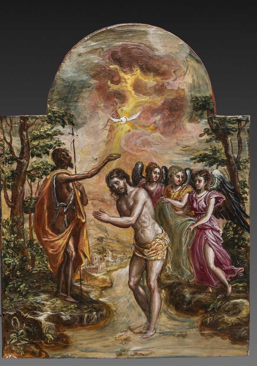 Tragbarer Altar: rechte Türtafel zeigt die Taufe Christi (Detail) von El Greco