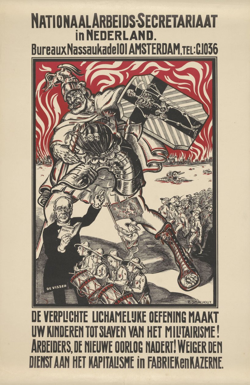 Plakat gegen Militarismus herausgegeben vom Nationalen Arbeitersekretariat in den Niederlanden von Elias Smalhout