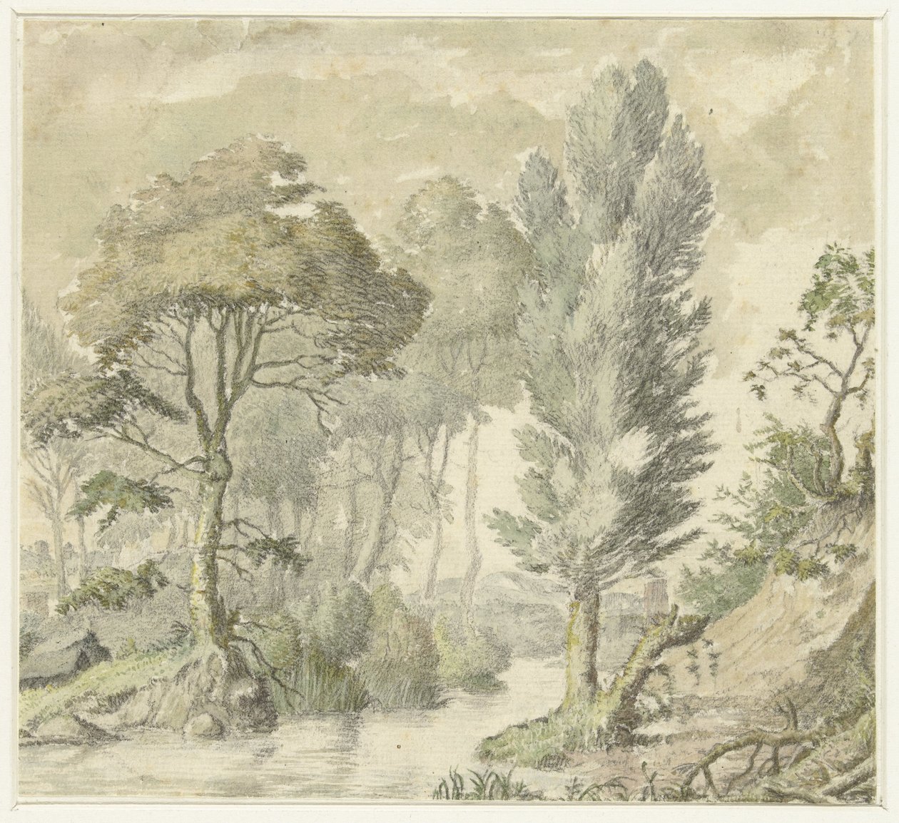 Waldlandschaft mit einem Hügel rechts und Wasser in der Mitte von Elias van Nijmegen