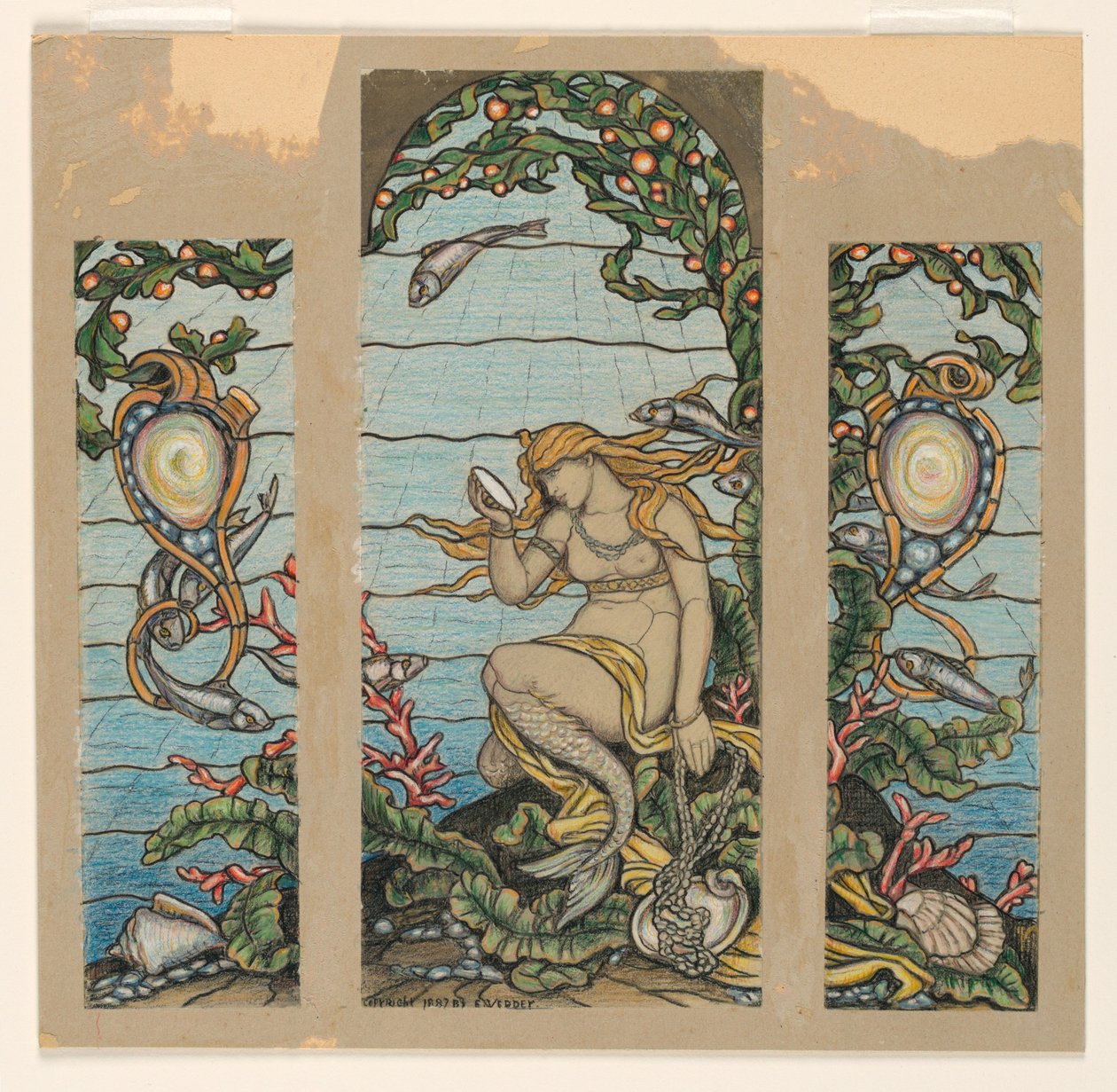Zeichnung, Das Meerjungfrauenfenster, Entwurf für ein Buntglasfenster für die A.H. Barney Residenz, New York, NY, 1882 von Elihu Vedder