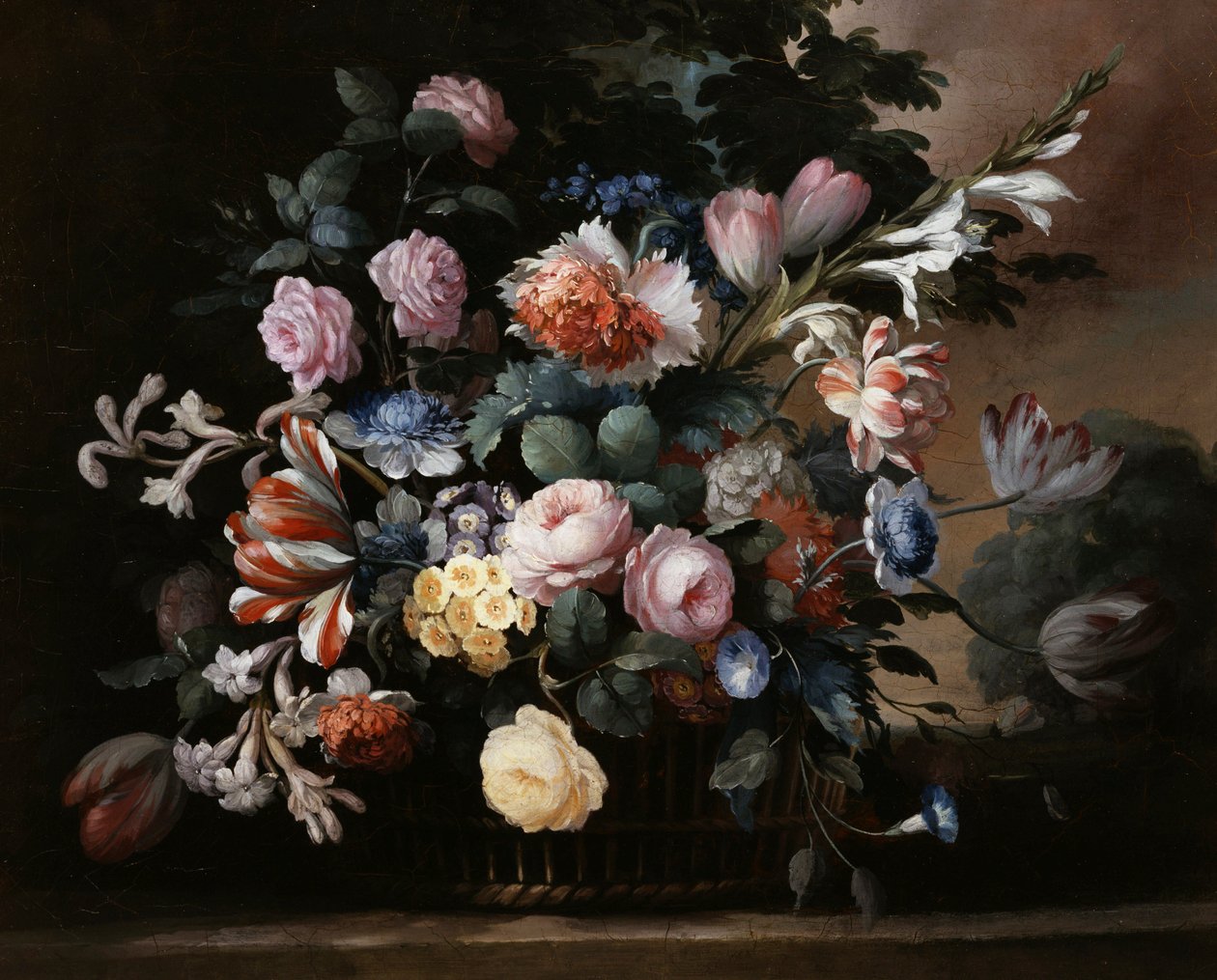 Stillleben mit Sommerblumen, Rosen, Primeln und Tulpen. Gemälde von Elise Bruyere (1776-1842) Privatsammlung. von Elise Bruyere