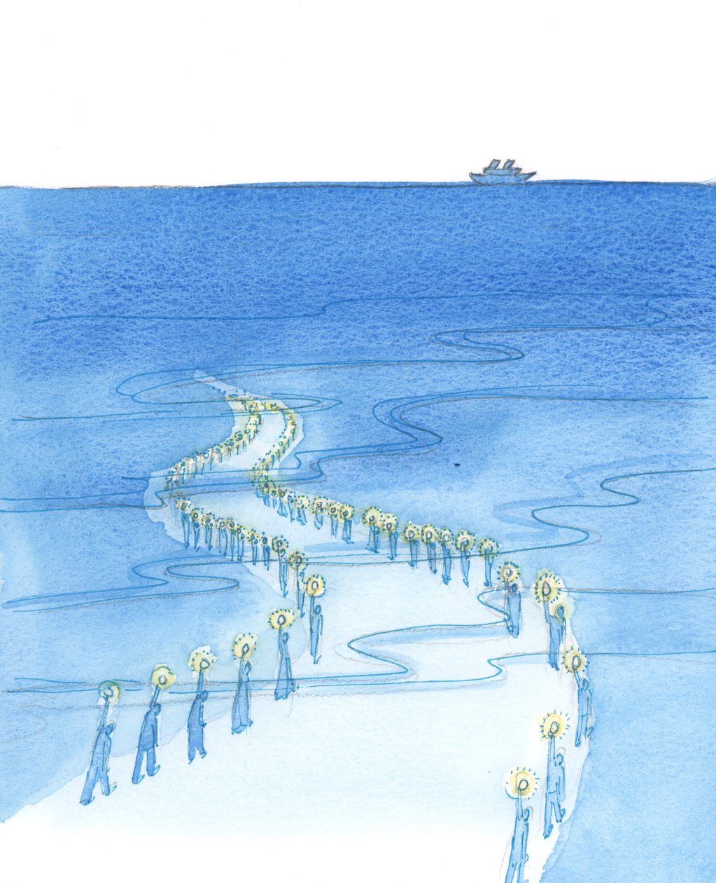 Menschen, die beim Beten sterben (wie diejenigen, die beim Beten des Rosenkranzes auf der Titanic starben), marschieren auf einem Weg, der scheinbar in die Dunkelheit führt von Elizabeth Wang
