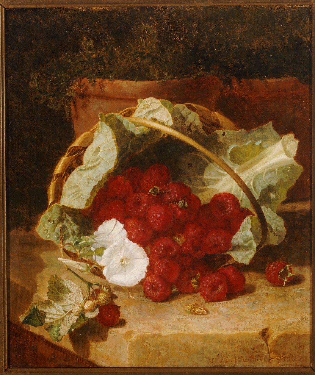 Himbeeren in einem mit Kohlblättern ausgekleideten Korb mit weißem Windröschen auf einem Steinsims, 1880 von Eloise Harriet Stannard