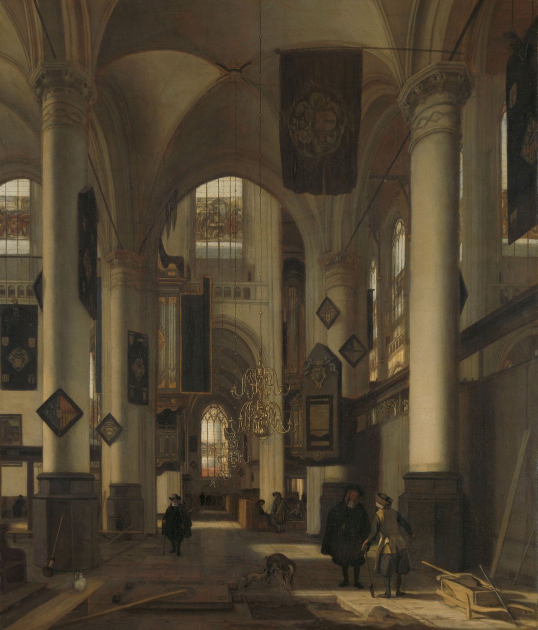 Innenraum einer protestantischen gotischen Kirche mit Motiven aus der Oude und Nieuwe Kerk in Amsterdam von Emanuel de Witte