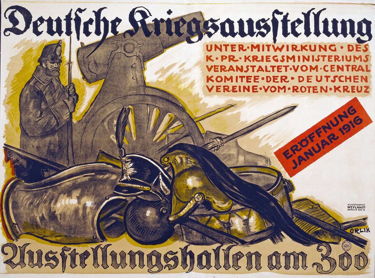 Plakat zur Werbung für eine Kriegsausstellung, gesponsert vom Roten Kreuz Deutsche Kriegsausstellung, Januar 1916 von Emil Orlik