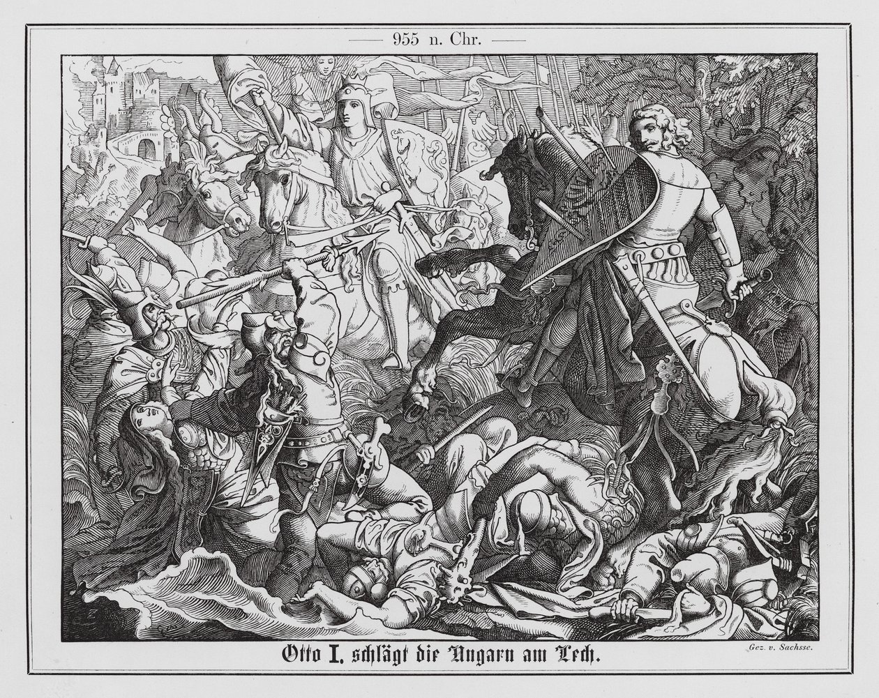 Otto I. von Deutschland besiegt die Magyaren in der Schlacht auf dem Lechfeld, 955 (Gravur) von Emil Eugen Sachsse